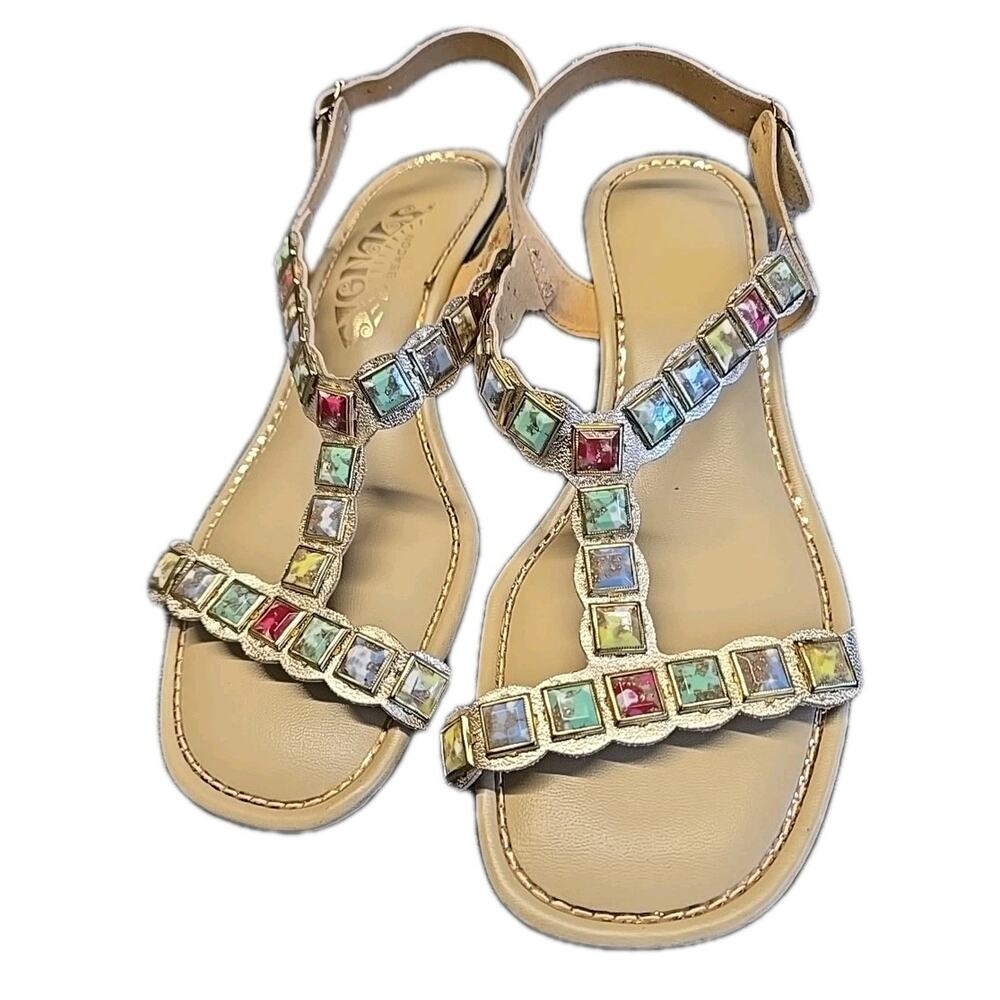 VTG 70s Jeweled Gold Sandals Signals by Beacon Retro Boho Glam T-strap 9 M Heel